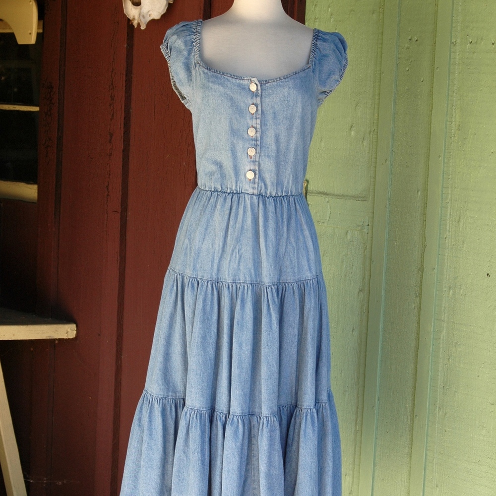 Denim Tiered Skirt Midi Off the Shoulder Dress